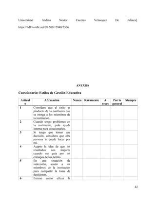 Universidad Andina Nestor Caceres Velasquez De Juliaca].
https://hdl.handle.net/20.500.12848/5566
ANEXOS
Cuestionario: Estilos de Gestión Educativa
Artícul
o
Afirmación Nunca Raramente A
veces
Por lo
general
Siempre
1 Considere que el éxito es
producto de la confianza que
se otorga a los miembros de
la institución.
2 Cuando tengo problemas en
la institución, pido ayuda
interna para solucionarlos.
3 Si tengo que tomar una
decisión, considera que otra
persona lo puede hacer por
mí.
4 Acepto la idea de que los
resultados son mejores
cuando me guía por los
consejos de los demás.
5 En una situación de
indecisión, acudo a los
miembros de la institución
para compartir la toma de
decisiones.
6 Estimo como eficaz la
42
 