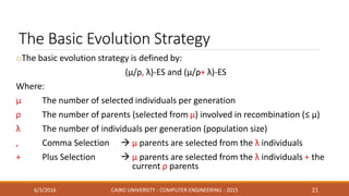 The Basic Evolution Strategy
oThe basic evolution strategy is defined by:
(µ/ρ, λ)-ES and (µ/ρ+ λ)-ES
Where:
µ The number of selected individuals per generation
ρ The number of parents (selected from µ) involved in recombination (≤ µ)
λ The number of individuals per generation (population size)
, Comma Selection  µ parents are selected from the λ individuals
+ Plus Selection  µ parents are selected from the λ individuals + the
current ρ parents
6/3/2016 CAIRO UNIVERSITY - COMPUTER ENGINEERING - 2015 21
 