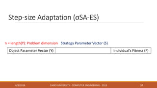 Step-size Adaptation (σSA-ES)
6/3/2016 CAIRO UNIVERSITY - COMPUTER ENGINEERING - 2015 57
Object Parameter Vector (Y) Individual’s Fitness (F)
Strategy Parameter Vector (S)
σ
n = length(Y): Problem dimension
 