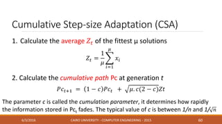 Cumulative Step-size Adaptation (CSA)
6/3/2016 CAIRO UNIVERSITY - COMPUTER ENGINEERING - 2015 60
1. Calculate the average 𝑍𝑡 of the fittest µ solutions
2. Calculate the cumulative path Pc at generation t
The parameter c is called the cumulation parameter, it determines how rapidly
the information stored in Pct fades. The typical value of c is between 1/n and 1/
 