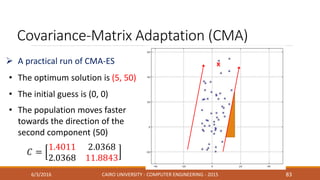 Covariance-Matrix Adaptation (CMA)
6/3/2016 CAIRO UNIVERSITY - COMPUTER ENGINEERING - 2015 83
• The optimum solution is (5, 50)
 A practical run of CMA-ES x
• The population moves faster
towards the direction of the
second component (50)
• The initial guess is (0, 0)
 