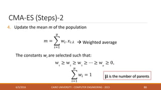CMA-ES (Steps)-2
4. Update the mean m of the population
6/3/2016 CAIRO UNIVERSITY - COMPUTER ENGINEERING - 2015 86
 Weighted average
The constants wi are selected such that:
µ is the number of parents
 