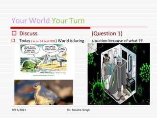 Your World Your Turn
 Discuss (Question 1)
 Today ( as on 14 Sept2021) World is facing -----situation because of what ??
9/17/2021 Dr. Raksha Singh
Raksha Singh
 