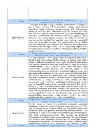  

15

SMS13-15

DESCRIPTION

16

SMS13-16

DESCRIPTION

17

SMS13-17

DESCRIPTION

18

SMS13-18

Digital Plug-In Repetitive Controller for Single-Phase
2013
Bridgeless PFC Converters
This paper investigates a plug-in repetitive controlscheme for bridgeless
power factor correction (PFC) convertersto mitigate input current
distortions under continuous conductionmode and discontinuous
conduction mode operating conditions.From the PFC converter model and
the fact that a type-II compensatoris used, a design methodology to
maximize the bandwidth ofthe feedback controller is suggested. After
that, the error transferfunction including the feedback controller is
derived, and the stabilityof the repetitive control scheme is evaluated
using the errortransfer function. The implementation of the digital
repetitive controlleris also discussed. The simulation and experimental
resultsshow that the input current THD is significantly improved by
usingthe proposed control scheme for a 1-kW single-phase bridgelessPFC
converter prototype.
Digital-Controlled Single-Phase Transformer-Based
2013
Inverter for Non-Linear Load Applications
The paper presents a new digital-controlledsingle-phase transformerbased inverter for non-linear loadapplications. A capacitive full-bridge
circuit is added to provideinstant current under non-linear load condition
and thereby reducingthe harmonics significantly to meet the required
harmonicstandard, IEEE 519-1992, even under non-linear load
condition.The redundant capacity, cost, size and weight of line
frequencytransformer can therefore be dramatically reduced. Moreover,a
new integrated controller for inverter control is proposed toeliminate both
DC current component and steady state error evenunder heavy load
condition. The proposed integrated controllerconsists of a Proportional (P)
controller acts as voltage controller,DC offset canceller, an RMS
compensator and non-linear loadcompensator.Experimental results
derived fromaDSP-based inverter systemwill be presented. The inverter
rating is 1.5 kVA. It will be shownthat both redundant capacity of line
frequency transformer andvoltage harmonics are significantly reduced
even with non-linearload. It will also be demonstrated that the DC current
componentand steady state error are eliminated even under heavy load
condition.These experimental results therefore confirm the superb
performanceof the proposed inverter and control techniques.
Digital-Scalar PWM Approaches Applied to Four-Leg
2013
Voltage-Source Inverters
In this paper, we present two modulation schemesfor generating
unbalanced voltages by means of four-leg voltagesourceinverters. The
first modulation is an extended scheme ofa digital-scalar pulsewidth
modulation previously proposed forcontrolling three-leg inverters. The
second one is based on thedecomposition of the voltage reference signals
into their symmetricalcomponents. The schemes are compared
theoretically bysimulations and experimental results. As a consequence,
we findout a total equivalence between the two modulations despite
theirdifferent conceptions. The fundamentals of both techniques anda
mathematical proof of their equivalence are unfolded Also the
2013
Dual Transformer less Single-Stage Current Source

 