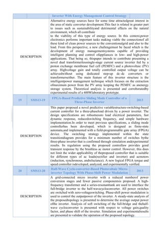  

DESCRIPTION

19

SMS13-19

DESCRIPTION

20

SMS13-20

DESCRIPTION

Inverter With Energy Management Control Strategy
Alternative energy sources have for some time attractedgreat interest in
the area of static converter development.This fact is related in greater part
to issues such as sustainabilityand detrimental effects on the natural
environment, which all contribute
to the viability of this type of energy source. In this context,power
electronics performs important tasks making viable the connectionof all
these kind of clean power sources to the conventionalgrid and also to the
load. From this perspective, a new challengemust be faced which is the
development of energy managementsystems capable of providing
intelligent planning and control ofappliances in low- and high-power
applications. That being so, thispaper intends to contribute presenting a
novel dual transformerlesssingle-stage current source inverter fed by a
proton exchange membrane fuel cell (PEMFC) and a photovoltaic (PV)
array. Highvoltage gain and totally controlled output voltage can be
achievedwithout using dedicated step-up dc–dc converters or
transformerseither. The main feature of this inverter structure is the
intelligentpower management technique which focuses on the extraction
ofmaximum power from the PV array keeping the PEMFC as anenergy
storage system. Theoretical analysis is presented and corroboratedby
experimental results of a 400Wlaboratory prototype.
FPGA-Based Predictive Sliding Mode Controller of a
Three-Phase Inverter

2013

This paper proposed a novel predictive variablestructure-switching-based
current controller for a three-phaseload driven by a power inverter. The
design specifications are robustnessto load electrical parameters, fast
dynamic response, reducedswitching frequency, and simple hardware
implementation.In order to meet previous specifications, a sliding mode
controllerhas been developed, which is designed as finite-state
automata,and implemented with a field-programmable gate array (FPGA)
device. The switching strategy implemented within the state
transitiondiagram provides for a minimum number of switches bythe
three-phase inverter that is confirmed through simulation andexperimental
results. Its regulation using the proposed controllaw provides good
transient response by the brushless ac motor control. However, this does
not limit the wider applicability of theproposed controller that is suitable
for different types of ac loads(rectifier and inverter) and acmotors
(induction, synchronous, andreluctance). A new logical FPGA torque and
speed controller isdeveloped, analyzed, and experimentally verified.
Half-Wave Cyclo-converter-Based Photovoltaic Micro2013
inverter Topology With Phase-Shift Power Modulation
A grid-connected micro inverter with a reduced numberof power
conversion stages and fewer passive componentsis proposed. A highfrequency transformer and a series-resonanttank are used to interface the
full-bridge inverter to the half-wavecycloconverter. All power switches
are switched with zero-voltageswitching. Phase-shift power modulation is
used to control the outputpower of the inverter. A steady-state analysis of
the proposedtopology is presented to determine the average output power
ofthe inverter. Analysis of soft switching of the full-bridge and thehalfwave cycloconverter is presented with respect to voltage gain,quality
factor, and phase shift of the inverter. Simulation and experimentalresults
are presented to validate the operation of the proposed topology.

 