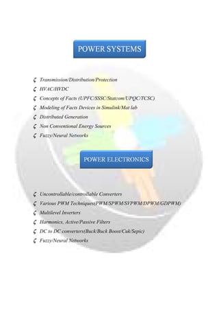  

ζ Transmission/Distribution/Protection
ζ HVAC/HVDC
ζ Concepts of Facts (UPFC/SSSC/Statcom/UPQC/TCSC)
ζ Modeling of Facts Devices in Simulink/Mat lab
ζ Distributed Generation
ζ Non Conventional Energy Sources
ζ Fuzzy/Neural Networks

ζ Uncontrollable/controllable Converters
ζ Various PWM Techniques(PWM/SPWM/SVPWM/DPWM/GDPWM)
ζ Multilevel Inverters
ζ Harmonics, Active/Passive Filters
ζ DC to DC converters(Buck/Buck Boost/Cuk/Sepic)
ζ Fuzzy/Neural Networks

 