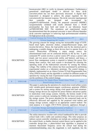  

7

SMS13-07

DESCRIPTION

8

SMS13-08

DESCRIPTION

9

SMS13-09

DESCRIPTION

boostconverter (IBC) to verify its dynamic performance. Furthermore,a
generalized small-signal model is derived for these dc/dc
converters,which has not been previously discussed. A digital dualloopcontrol is designed to achieve the proper regulator for the
converterswith fast transient response. The dc/dc converter topologiesand
their
controller
are
designed
and
investigated
by
usingMATLAB/Simulink. Finally, the proposed converter (MDIBC)
isexperimentally validated with results obtained from a 30-kW
prototypethat has been built and tested in our laboratory based
onTMS320F2808 DSP. The simulation and experimental results
havedemonstrated that the proposed converter is more efficient thanother
dc/dc converter topologies in achieving high performanceand reliability
for high-power dc/dc converters.
Control Strategy for Power Flow Management in a PV
2013
System Supplying DC Loads
The growing concern for energy saving has increasedthe usage of LEDbased street lights, electronic chokes, compactfluorescent lamps, and
inverter-fed drives. Hence, the load profile seen by the electrical grid is
undergoing a notable change as these devices have to operate from a dc
source. Photovoltaic (PV)being a major energy source, the
aforementioned loads can be connected directly to the dc bus. A gridconnected PV system involves a power source (PV array), a power sink
(load), and two power sources/sink (utility and battery), and hence, a
power flow management system is required to balance the power flow
among these sources. One such system is developed for selecting the
operating mode of the bidirectional converter by sensing the battery
voltage. The viability of the scheme has been ascertained by performing
experimental studies on a laboratory prototype. The control strategy is
digitally implemented on an Altera Cyclone II Field Programmable Gate
Array (FPGA) board, and the algorithm is verified for different modes of
operation by varying the load. Experimental results are presented to bring
out the usefulness of the control strategy.
Control Structure for Single-Phase Stand-Alone Wind2013
Based Energy Sources
This paper is analyzing the operation of a stand-alone wind turbine system
with variable-speed permanent-magnet synchronous generator (PMSG)
and a system for storing energy during wind speed and load variations.
Energy storage devices are required for power balance and power quality
in stand-alone wind energy systems. Initially, the holistic model of the
entire system is achieved, including the PMSG, the boost converter, and
the storage system. The power absorbed by the connected loads can be
effectively delivered and supplied by the proposed wind turbine and
energy storage systems, subject to an appropriate control method. The
main purpose is to supply 230-V/50-Hz domestic appliances through a
i Controller Design and Implementation of Indirect b
l h
i
t Th i l ti
lt
lid t d
i
t l
Current Control Based Utility-Interactive Inverter
2013
System
The utility-interactive inverter with critical loadshould be able to provide
critical loads with a stable and seamlessvoltage. This letter proposes an
indirect current controller whichdoes not include any nonlinear factors in
the control block, so thatthe classical control theory can be applied to the
controller design.Also, a phase-locked loop algorithm is proposed to
maintain theconstant frequency across the critical load during the
unintentionalislanding since the magnitude is well regulated, but the

 
