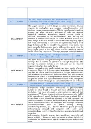  

12

SMS13-12

DESCRIPTION

13

SMS13-13

DESCRIPTION

14

SMS13-14

DESCRIPTION

DC-Bus Design and Control for a Single-Phase GridConnected Renewable Converter With a Small Energy
2013
Storage Component
This paper presents a control design approach foroptimum dynamic
response in single-phase grid-connected renewableconverters with
minimum energy storage components. This isa crucial matter in realizing
compact and robust converters withoutuse of bulky and sensitive
electrolytic capacitors. Nonoptimum dynamic response results in
undesired interruptions of the maximumpower point tracking and
reduction of theoverall efficiencyof the system. Common practice is to
select a large dc-bus size inOrder to reduce the double-frequency ripples
that cause harmonicsand to slow down the dynamic response to avoid
large fluctuationson the bus caused by random input power jumps. This
paper showsthat both problems can be addressed to a great extent by
improvingthe control system and without need to excessively increase
thesize of the bus component. This paper proposes a control systemto
hi
th
l
d
id
l ti l d i
th dt
ti i
Design Methodology for a Very High Frequency
2013
Resonant Boost Converter
This paper introduces a designmethodology for a resonantboost converter
topology that is suitable for operation at veryhigh frequencies. The
topology we examine features a low partscount and fast transient
response, but suffers from higher device
Stresses compared to other topologies that use a larger number ofpassive
components. Numerical design procedure is developed forthis topology
that does not rely on time-domain simulation sweepsacross parameters.
This allows the optimal converter design to befound for a particular main
semiconductor switch. If an integratedpower process is used where the
designer has control over layoutof the semiconductor switch, the optimal
combination of converterdesign and semiconductor layout can be found.
lid
h
d
l
h
Differential Power Processing for Increasedd d i
Energy
2013
Production and Reliability of Photovoltaic Systems
Conventional energy conversion architectures in photovoltaic(PV)
systems are often forced to tradeoff conversion efficiencyand power
production. This paper introduces an energyconversion approach that
enables each PV element to operate at itsmaximum power point (MPP)
while processing only a small fractionof the total power produced. This is
accomplished by providingonly the mismatch in the MPP current of a set
of series-connectedPV elements. Differential power processing increases
overall conversionefficiency and overcomes the challenges associated
withunmatchedMPPs
(due
to
partial
shading,
damage,
manufacturingtolerances, etc.). Several differential power processing
architecturesare analyzed and compared with Monte Carlo
simulations.Local control of the differential converters enables distributed
protection
and monitoring. Reliability analysis shows significantly increasedoverall
system reliability. Simulation and experimental resultsare included to
demonstrate the benefits of this approach atboth the panel and subpanel
level.

 