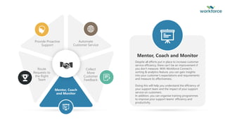 Automate
Customer Service
Collect
More
Customer
Feedback
Provide Proactive
Support
Route
Requests to
the Right
Team
Mentor, Coach
and Monitor
Despite all efforts put in place to increase customer
service efficiency, there can’t be an improvement if
you don’t measure. With Workforce Connect’s
sorting & analytics feature, you can gain insights
into your customer’s expectations and requirements
and measure its effectiveness.
Doing this will help you understand the efficiency of
your support team and the impact of your support
service on customers.
In addition, you can organise training programmes
to improve your support teams’ efficiency and
productivity.
Mentor, Coach and Monitor
 