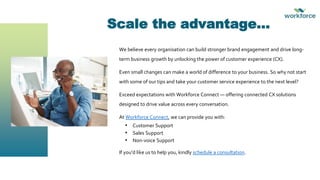 Scale the advantage…
We believe every organisation can build stronger brand engagement and drive long-
term business growth by unlocking the power of customer experience (CX).
Even small changes can make a world of difference to your business. So why not start
with some of our tips and take your customer service experience to the next level?
Exceed expectations with Workforce Connect — offering connected CX solutions
designed to drive value across every conversation.
At Workforce Connect, we can provide you with:
• Customer Support
• Sales Support
• Non-voice Support
If you’d like us to help you, kindly schedule a consultation.
 