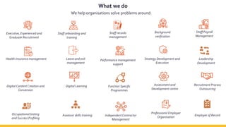 What we do
We help organisations solve problems around:
Staff Payroll
Management
Performance management
support
Health insurance management
Executive, Experienced and
Graduate Recruitment
Staff onboarding and
training
Staff records
management
Leave and exit
management
Background
verification
Strategy Development and
Execution
Digital Learning Function Specific
Programmes
Leadership
Development
Digital Content Creation and
Conversion
Assessment and
Development centre
Occupational testing
and Success Profiling
Independent Contractor
Management
Assessor skills training
Professional Employer
Organisation
Employer of Record
Recruitment Process
Outsourcing
 