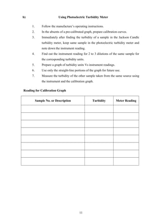 b) Using Photoelectric Turbidity Meter
1. Follow the manufacture’s operating instructions.
2. In the absents of a pre-calibrated graph, prepare calibration curves.
3. Immediately after finding the turbidity of a sample in the Jackson Candle
turbidity meter, keep same sample in the photoelectric turbidity meter and
note down the instrument reading.
4. Find out the instrument reading for 2 to 3 dilutions of the same sample for
the corresponding turbidity units.
5. Prepare a graph of turbidity units Vs instrument readings.
6. Use only the straight-line portions of the graph for future use.
7. Measure the turbidity of the other sample taken from the same source using
the instrument and the calibration graph.
Reading for Calibration Graph
Sample No. or Description Turbidity Meter Reading
11
 