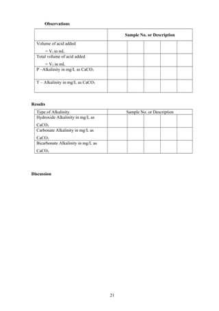 Observations
Sample No. or Description
Volume of acid added
= V1 in mL
Total volume of acid added
= V2 in mL
P –Alkalinity in mg/L as CaCO3
T – Alkalinity in mg/L as CaCO3
Results
Type of Alkalinity Sample No. or Description
Hydroxide Alkalinity in mg/L as
CaCO3
Carbonate Alkalinity in mg/L as
CaCO3
Bicarbonate Alkalinity in mg/L as
CaCO3
Discussion
21
 