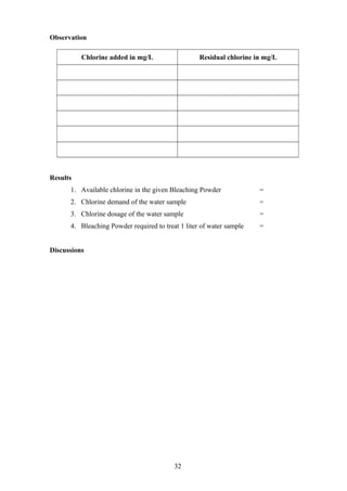Observation
Chlorine added in mg/L Residual chlorine in mg/L
Results
1. Available chlorine in the given Bleaching Powder =
2. Chlorine demand of the water sample =
3. Chlorine dosage of the water sample =
4. Bleaching Powder required to treat 1 liter of water sample =
Discussions
32
 
