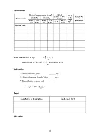 Observations
Concentration
Dissolved oxygen content in mg/L B.O.D
(5 days at 200
C)
in mg/L
B.O.D
of the
sample
mg/L
Sample No.
or
Description
Initial (D1) Final (D2)
Bottle
No.1
D.O
Value
Bottle
No.
D.O
Value
D1-D2
B.O.D
value
Dilution Water
Note:- B.O.D value in mg/L = { D1-D2 }
P
If concentration is 0.1% then P = 0.1 x 0.001 and so on
100
Calculation
D1 = Initial dissolved oxygen = ________ mg/L
D2 = Dissolved oxygen at the end of 5 days _______mg/L
P = Decimal fraction of sample used _______
.
. . mg/L of BOD = D1-D2 =
P
Result
Sample No. or Description Mg/L 5 day BOD
Discussion
49
 