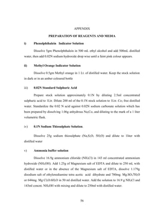 APPENDIX
PREPARATION OF REAGENTS AND MEDIA
i) Phenolphthalein Indicator Solution
Dissolve 5gm Phenolphthalein in 500 mL ethyl alcohol and add 500mL distilled
water, then add 0.02N sodium hydroxide drop wise until a faint pink colour appears.
ii) Methyl Orange Indicator Solution
Dissolve 0.5gm Methyl orange in 1 Lt. of distilled water. Keep the stock solution
in dark or in an amber coloured bottle
iii) 0.02N Standard Sulphuric Acid
Prepare stock solution approximately 0.1N by diluting 2.5ml concentrated
sulphuric acid to 1Ltr. Dilute 200 ml of the 0.1N stock solution to 1Ltr. Co2 free distilled
water. Standardize the 0.02 N acid against 0.02N sodium carbonate solution which has
been prepared by dissolving 1.06g anhydrous Na2Co3 and diluting to the mark of a 1 liter
volumetric flask.
iv) 0.1N Sodium Thiosulphate Solution.
Dissolve 25g sodium thiosulphate (Na2S2O3 5H2O) and dilute to 1liter with
distilled water
v) Ammonia buffer solution
Dissolve 16.9g ammonium chloride (NH4Cl) in 143 ml concentrated ammonium
hydroxide (NH4OH). Add 1.25g of Magnesium salt of EDTA and dilute to 250 ml, with
distilled water or in the absence of the Magnesium salt of EDTA, dissolve 1.179g
disodium salt of ethylenediamine tetra acetic acid dihydrate and 780mg. Mg.SO47H2O
or 644mg. Mg Cl2O.6H2O in 50 ml distilled water. Add the solution to 16.9 g NH4Cl and
143ml concnt. NH4OH with mixing and dilute to 250ml with distilled water.
56
 