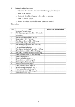 j) Settleable solids: by volume
1. Fill an imhoff cone to the liter mark with a thoroughly mixed sample
2. Settle for 45 minutes
3. Gently stir the solids of he cone with a rod or by spinning.
4. Settle 15 minutes longer.
5. Record the volume of settleable matter in the cone as mL/L
Observations
No. Item Sample No. or Description
1 Volume of sample taken
2 Wt. of empty evaporating dish = W1 mg (for
total solids)
3 Wt. of dish + total solids = W2mg
4 Total solids = (W2 –W1) mg
5 Wt. of dish + fixed solids = W3 in mg
6 Fixed solids in mg = (W3-W1)
7 Wt. of empty evaporating dish = W4 mg
( for total dissolved solids)
8 Wt. of dish + total dissolved solids = W5 mg
9 Total dissolved solids = (W5 – W4) mg
10 Wt. dish + fixed dissolved solids = W6 mg
11 Fixed dissolved solids = (W6 –W4) mg
12 Total solids in mg./ L
13 Total fixed solids in mg./ L
14 Total dissolved solids in mg./ L
15 Total suspended solids in mg./ L
16 Total volatile solids in mg./ L
17 Fixed dissolved solids in mg./ L
18 Volatile dissolved solids in mg./ L
19 Fixed suspended solids in mg./ L
20 Volatile suspended solids in mg./ L
21 Settleable solids in mg./ L
6
 