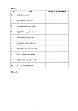 Results
No Item Sample No. or Description
1 Mg/L of total solids
2 Mg/L of total fixed solids
3 Mg/L of total dissolved solids
4 Mg/L of total suspended solids
5 Mg/L of total volatile solids
6 Mg/L of fixed dissolved solids
7 Mg/L of volatile dissolved solids
8 Mg/L fixed suspended solids
9 Mg/L volatile suspended solids
10 ML/ L of settleable solids
Discussion
8
 