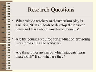 Research Questions
• What role do teachers and curriculum play in
assisting NCB students to develop their career
plans and learn about workforce demands?
• Are the courses required for graduation providing
workforce skills and attitudes?
• Are there other means by which students learn
these skills? If so, what are they?
 