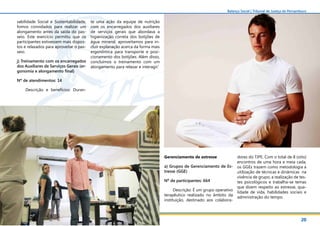 20
Balanço Social | Tribunal de Justiça de Pernambuco
Gerenciamento de estresse
a) Grupos de Gerenciamento de Es-
tresse (GGE)
Nº de participantes: 664
Descrição: É um grupo operativo
terapêutico realizado no âmbito da
instituição, destinado aos colabora-
sabilidade Social e Sustentabilidade,
fomos convidados para realizar um
alongamento antes da saída do pas-
seio. Este exercício permitiu que os
participantes estivessem mais dispos-
tos e relaxados para aproveitar o pas-
seio.
j) Treinamento com os encarregados
dos Auxiliares de Serviços Gerais (er-
gonomia e alongamento final)
Nº de atendimentos: 14
Descrição e benefícios: Duran-
te uma ação da equipe de nutrição
com os encarregados dos auxiliares
de serviços gerais que abordava a
higienização correta dos botijões de
água mineral, aproveitamos para in-
cluir explanação acerca da forma mais
ergonômica para transporte e posi-
cionamento dos botijões. Além disso,
concluímos o treinamento com um
alongamento para relaxar e interagir.’
dores do TJPE. Com o total de 8 (oito)
encontros de uma hora e meia cada,
os GGEs trazem como metodologia a
utilização de técnicas e dinâmicas na
vivência de grupo, a realização de tes-
tes psicológicos e trabalha-se temas
que dizem respeito ao estresse, qua-
lidade de vida, habilidades sociais e
administração do tempo.
 