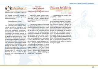 40
Balanço Social | Tribunal de Justiça de Pernambuco
uso daquele insumo por unidade in-
dependente (vara, juizado, gerências
administrativas,etc.).
Projeto Mentoria Virtual
Projeto de responsabilidade so-
cial que teve como objetivo arregi-
mentar servidores voluntários para
atuar como mentores disponibili-
zando sua experiência profissional e
de vida para o desenvolvimento de
competência de jovens carentes na
construção de suas carreiras. O proje-
to se realizou em parceria com a ONG
ADE- Brasil - Academia de Desenvol-
vimento para Educação. Promoveu a
troca de informações entre profissio-
nais experientes com jovens mulheres
em situação de vulnerabilidade social.
Através da interação via internet os
servidores e magistrados interferiram
diretamente na formação profissional
dessas jovens. O projeto foi imple-
mentado de março a junho de 2012
e contou com a participação de 22
mentores.
Campanha Natal Solidário (par-
ceria com a Gerência de Promoção de
Bem-estar – GPBE e Núcleo de Res-
ponsabilidade Social e Sustentabili-
dade – NRSS)
No período natalino, a Secretaria
de Gestão de Pessoas, visando uma
grande mobilização perante o corpo
funcional deste Poder Judiciário, atra-
vés do exercício de princípios éticos e
morais por meio de ações solidárias,
promove campanhas de arrecadações
de donativos para beneficiar entida-
des filantrópicas. Em 2012 as institui-
ções beneficiadas foram Associação
Católica Mãos à obra - AMO (79 kits
de brinquedos, roupas e sapatos no-
vos) e, Integrarte/Recife (1.000 itens
materiais de uso pessoal). Em 2013
foram beneficiadas a Organização do
Auxílio Fraterno – OAF (8.470 itens
de materiais escolares, brinquedos e
livros) e, Amigos do Transplante de
Medula Óssea – ATMO (182 kg de
roupas para o seu bazar).
Campanha Páscoa Solidária (par-
ceria GPBE e NRSS)
O Tribunal de Justiça do Estado
de Pernambuco, atuando como agen-
te impulsionador de comportamen-
tos positivos, visando o espírito de
colaboração e humanização, fomen-
tando a valorização da fraternidade
e da solidariedade, celebra a Páscoa
através da arrecadação de donativos
destinados à instituições carentes.
2012: mil itens de higiene pessoal e
1 tonelada alimentos para o Lar Re-
jane Marques e Abrigo Menino Jesus;
2013: 939 itens de higiene pessoal e
900 Kg de alimentos para Associação
Pernambucana de Apoio aos doentes
do Fígado – APAF
CampanhahaCampanhahaa happ
Natal Solidariodariolidal Solal SolNatalN SN arioa aNa dolal arat ol data iolid odaotaNa id ioo
Um pequeno gesto, um grande sorriso!Um pequeno gesto, um grande sorriso!Um pequeno gesto, um grande sorriso!aq gg oooo deeeep gg
Campanha
Natal Solidario
Um pequeno gesto, um grande sorriso!
C
NNNaNNNNNNNNNat iiddd oooooioriiio
dd
 