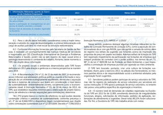 51
Balanço Social | Tribunal de Justiça de Pernambuco
6.1 - Para o cálculo desse indicador, consideramos como a maior remu-
neração o subsídio do cargo de desembargador, e a menor remuneração a do
cargo de auxiliar judiciário no nível inicial da estrutura remuneratória.
6.2 - Conforme informações fornecidas pela Secretaria de Gestão de Pes-
soas, é realizado um acompanhamento das licenças médicas de servidores
e magistrados por CID (Classificação Internacional de Doenças e Problemas
Relacionados à Saúde), porém não se tem registro do nexo causal entre a
patologia desenvolvida e o ambiente de trabalho. Portanto, neste momento o
TJPE não dispõe dessa informação.
6.3 - Os projetos sociais e ambientais desenvolvidos pelo TJPE foram
definidos em 2013 pela direção e gerências e a mesma perspectiva se mantém
para 2014.
6.4 - A Recomendação CNJ nº 11, de 22 de maio de 2007, já recomenda-
va aos tribunais que adotassem políticas públicas visando à formação e recu-
peração de um ambiente ecologicamente equilibrado, dentre elas a aquisição
de bens e materiais de consumo que levem em consideração o tripé básico
da sustentabilidade: ambientalmente correto, socialmente justo e economi-
camente viável. A Instrução Normativa nº 03, de 19 de março de 2013, do
TJPE, que estabelece requisitos mínimos para a elaboração de projeto básico,
termo de referência e demais requisições para contratações, determina:
“Art. 2ºO projeto básico e o termo de referência, no que couber, deverão
contemplar critérios e preceitos de sustentabilidade, conforme preceitua o
art. 3º da Lei 8.666/1993 e dispositivos legais complementares que dispõe
sobre contratações sustentáveis (Lei nº 12.187/2009, Decreto nº 7.390/2010 e
Instrução Normativa SLTI / MPOG nº 1/2010)”.
Nesse sentido, podemos destacar algumas iniciativas relevantes no tra-
balho da Comissão Permanente de Licitação (CPL), como a aquisição de con-
dicionadores de ar com gás R410A, que não agride a camada de ozônio; além
do registro nos editais da sugestão aos licitantes acerca da impressão das
propostas de preço em papéis reciclados. Ademais editais de licitação do TJPE
tem registrado impedimento da participação nas licitações de empresas que
estejam proibidas de contratar com o poder público, nos termos do art. 72,
§8º, V, da Lei nº 9605/98 (Lei de Proteção ao Meio Ambiente), o que impos-
sibilita a contratação de empresas punidas por agressão ao meio ambiente.
O TJPE tem buscado, portanto, criar uma cultura de licitações sus-
tentáveis. Assim, para o exercício 2013, na seleção dos fornecedores, os mes-
mos padrões éticos e de responsabilidade social e ambiental adotados pela
organização foram sugeridos.
6.5 - Servidores públicos podem participar do serviço voluntário do TJPE,
mas não há registro da realização de serviço voluntário por servidores em
outras instituições. O TJPE apoia a prestação de serviço voluntário, no entanto
não possui uma política específica de organização e incentivo.
6.6 - O número total de demandas de cidadãos registradas na Ouvido-
ria do TJPE em 2013 foi de 11.895, envolvendo denúncias de irregularidades
funcionais, elogios, solicitações de informação, pedidos de agilização, rec-
lamações de atendimento e sugestões. Desse total, 89,22% foram soluciona-
das. Por fim, a Ouvidoria do TJPE não trabalha ainda com metas.
6 - Informações Relevantes quanto ao Exercí-
cio da Cidadania Empresarial
2013 Metas 2014
Na seleção de fornecedores, os mesmos padrões éti-
cos e de responsabilidade social e ambiental adota-
dos pela entidade:
( ) não são consid-
erados
( ) são sugeridos ( x ) são exigidos
( ) não são consid-
erados
( ) são sugeridos ( x ) serão exigidos
Quanto à participação de empregados(as) em pro-
gramas de trabalho voluntário, a entidade:
( ) não se envolve ( x ) não apoia
( ) organiza e in-
centiva
( ) não se envolve ( x ) não apoiará
( ) organiza e in-
centiva
Número total de demandas de cidadãos registradas
na Ouvidoria:
11.895 -
Percentual de demandas atendidas ou solucionadas: 89,22% -
 