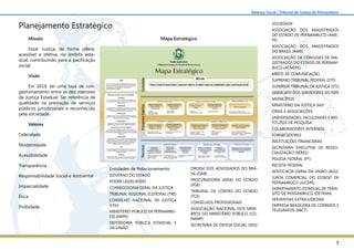 7
Balanço Social | Tribunal de Justiça de Pernambuco
Missão
Fazer Justiça, de forma célere,
acessível e efetiva, no âmbito esta-
dual, contribuindo para a pacificação
social.
Visão
Em 2019, ter uma taxa de con-
gestionamento entre as dez menores
da Justiça Estadual. Ser referência de
qualidade na prestação de serviços
públicos jurisdicionais e reconhecido
pela sociedade.
Valores
Celeridade
Modernidade
Acessibilidade
Transparência
Responsabilidade Social e Ambiental
Imparcialidade
Ética
Probidade
Planejamento Estratégico
Entidades de Relacionamento
GOVERNO DO ESTADO
PODER LEGISLATIVO
CORREGEDORIA GERAL DA JUSTIÇA
TRIBUNAL REGIONAL ELEITORAL (TRE)
CONSELHO NACIONAL DE JUSTIÇA
(CNJ)
MINISTÉRIO PÚBLICO DE PERNAMBU-
CO (MPPE)
DEFENSORIA PÚBLICA ESTADUAL E
DA UNIÃO
ORDEM DOS ADVOGADOS DO BRA-
SIL (OAB)
PROCURADORIA GERAL DO ESTADO
(PGE)
TRIBUNAL DE CONTAS DO ESTADO
(TCE)
CONSELHOS PROFISSIONAIS
ASSOCIAÇÃO NACIONAL DOS MEM-
BROS DO MINISTÉRIO PÚBLICO (CO-
NAMP)
SECRETARIA DE DEFESA SOCIAL (SDS)
SOCIEDADE
ASSOCIAÇÃO DOS MAGISTRADOS
DO ESTADO DE PERNAMBUCO (AME-
PE)
ASSOCIAÇÃO DOS MAGISTRADOS
DO BRASIL (AMB)
ASSOCIAÇÃO DE CÔNJUGES DE MA-
GISTRADOS DO ESTADO DE PERNAM-
BUCO (ACMEPE)
MEIOS DE COMUNICAÇÃO
SUPREMO TRIBUNAL FEDERAL (STF)
SUPERIOR TRIBUNAL DE JUSTIÇA (STJ)
SINDICATO DOS SERVIDORES DO PJPE
MUNICÍPIOS
MINISTÉRIO DA JUSTIÇA (MJ)
ONGS E ASSOCIAÇÕES
UNIVERSIDADES, FACULDADES E INS-
TITUTOS DE PESQUISA
COLABORADORES INTERNOS
FORNECEDORES
INSTITUIÇÕES FINANCEIRAS
SECRETARIA EXECUTIVA DE RESSO-
CIALIZAÇÃO (SERES)
POLÍCIA FEDERAL (PF)
RECEITA FEDERAL
ADVOCACIA-GERAL DA UNIÃO (AGU)
JUNTA COMERCIAL DO ESTADO DE
PERNAMBUCO (JUCEPE)
DEPARTAMENTO ESTADUAL DE TRÂN-
SITO DE PERNAMBUCO (DETRAN)
SERVENTIAS EXTRAJUDICIAIS
EMPRESA BRASILEIRA DE CORREIOS E
TELÉGRAFOS (EBCT)
Mapa Estratégico
 