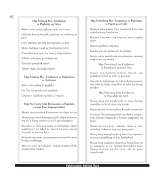 PPPPPahinungód Behind Bahinungód Behind Bahinungód Behind Bahinungód Behind Bahinungód Behind Barsarsarsarsars
62
Mga Salitang May Kinalaman
sa Paghingi ng Pabor
Buraot- sobra nang paghingi; wala na sa ayos
Fifty-fifty- hating-kapatid; paghingi na maluwag sa
puso
Hirit- paghingi ng may katungkulan sa wala
Matic- dagliang bayad sa hinihinging pabor
Piyansahan- tulungan na huwag maparusahan
Saluhin- tulungan; proteksiyunan
Sandalan- pinagkakapitan
Takpan- itago ang pagkakamali
Mga Salitang May Kinalaman sa Pagkakaisa
at Kalinisan
Buhos- sabay-sabay na pagkilos
Dos Tres- sabay-sabay na paglilinis
Limpiyesa- paglilinis ng selda o brigada
Mga Pariralang May Kinalaman sa Pagkilala
sa mga May Kapangyarihan
Matuto kang makiraan- kumunsulta sa dapat na tao
Alamin kung may nababanggang pader- dapat malaman
ang iba’t ibang puwersa sa loob ng bilangguan
Ang takot sa Diyos ang simula ng karunungan- dapat
magkaroon ng takot sa mayor ng gang upang
mapunta sa tamang lugar
Kung ano ang tugtog, iyon ang sayaw- sumunod sa agos;
huwag sumalungat
Apat na sulok ng kulungan- huwag maging tibak,
maaari kang balikan
Mga Pariralang May Kaugnayan sa Pag-iingat
at Pag-iwas sa Gulo
Magbasa kahit walang letra- magmasid kung may
nagbabadyang kaguluhan
Mag-aral kang bukas ang iyong mga mata- maging
alisto
Mainit ang plaza- may gulo
Basahin ang mga pangyayari- magmasid
Iwasan nating sumikip ang ating daraanan- iwasang
magkaroon ng kaaway
Mga Pariralang May Kinalaman
sa Pagkakaisa ng mga Gang
Iwasan ang pagbabaryo-baryo- iwasan ang
pagkakahati-hati sa loob ng pangkat
Ang sakit ng kalingkingan ay sakit ng buong katawan-
ang sakit ng isang miyembro ay sakit ng buong
pangkat
Mga Pariralang May Kinalaman
sa Pagdadala ng Sarili
Huwag kang tira pasok/wala sa hulog- huwag
magsalita na hindi alam ang istorya
Ilagay ang sarili sa tamang lugar- kumilos nang tama
Laro lang/Huwag magpa-dribol- sa pulitika, maglaro
lang, huwag magpasakay, huwag magpakita ng
kulay
Dapat mayroon kang taingang tulad sa lobo-
madaling malaman ang mga pangyayari
Huwag kang maging kasapi ng huwad na kapatiran-
iwasang mapabilang sa false brotherhood
Huwag kang magtuturo (pinpoint); Nakakulong ka
na magtuturo ka pa- maging tahimik ka lang,
huwag manuro ng iba baka lalo ka pang
mapahamak
 