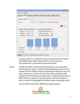 6 
 
        
As shown above is a screenshot taken during testing of Pixel Sand’s 
USB GPRS modem which indicates 98% successful packets 
transmitted over a 533 packet transmission period. 
Step 4:  Testing over AT&T networks will follow the exact same procedure 
demonstrated in steps 1‐3. Before proceeding please disconnect the 
modem from the VMware Player by clicking the USB device Icon and 
select “disconnect” connect to host. Now safely remove the USB 
modem from the USB port and replace the T‐mobile SIM card with an 
AT&T SIM card. Follow the same procedures with the exception in 
Step 2, instead of typing pppd call tmobile, type instead pppd call att. 
This concludes Pixel Sand’s USB GPRS testing procedure. 
           
 