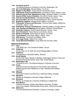1999 The Book as Art II,
The National Museum of Women in the Arts, Washington, DC
1999 Art in the Metroplex, Moudy Gallery, Fort Worth,
1998 Ripples in the Water, Texas Woman’s University, Denton
1998 Palimpsest: Erasure and Recovery, University of Texas, Odessa, Texas
1998 Referencing the Past: Metaphors in Clay, Handwork Gallery, Fort Worth
1998 Sound of Red, Icons of Hysteria, Old Jail Art Center, Albany, Texas
1998 TCU Art Faculty Exhibition, International Gallery, Fort Worth
1997 Out of Context, Moravian Provincial Museum, Brno, Czech Republic
1997 Breathing Together; Handley-Hicks Gallery, Fort Worth
1997 Palimpsest: Erasure and Recovery, The Amy Ryan Gallery, McMurray
University, Abilene, Texas
1996 Palimpsest: Erasure and Recovery, Artemisia Gallery, Chicago, Illinois
1996 Text, Symbol and Meaning, Bruce Gallery, Edinboro, Pennsylvania
1996 Domestic Violence, Grace Cultural Museum, Abilene, Texas
1995 Out of Context II, Texas Woman’s University, Denton
1995 Works in Graphite, Forest Park Art Space, Fort Worth
1994 Fire & Reason, Amy Ryan Gallery, Abilene, Texas
1994 (RE) Source, Trammel Crow Gallery, Dallas
1994 In a Large House, Gallery Four, Dallas
1994 Texas Biennial Exhibition, Texas State Fair Grounds, Dallas
National Exhibitions
2011 Iowa
Little White Lies, The Constance Gallery, Lamoni
2007 California
Ink and Clay 33, W. Keith and Janet Kellogg Gallery, Pomona
2007 California
Transgressions, Reynolds Gallery, Stockton
2006 South Dakota
Do Not Fold, Bend, Spindle or Mutilate, Washington Pavilion of Arts and
Sciences/Visual Arts Center, Sioux Falls, South Dakota
1999 Washington, DC
The Book as Art II, The National Museum of Women in the Arts
1998 Texas
National Council on Education for the Ceramic Arts, NCECA
Referencing the Past: Metaphors in Clay, Handley-Hicks Gallery,
Fort Worth
1996 Illinois
Palimpsest: Erasure and Recovery, Artemisia Gallery, Chicago
1995 Maryland
Woman as Protagonist, Goucher College, Baltimore
1995 Maryland
Woman as Protagonist, University of Maryland, College Park
1994 New Mexico
Creating Ourselves, Eastern New Mexico University, Portales
Juror: Lucy Lippard, internationally known writer, activist and curator.
1994 Oklahoma
The Journal/Sketchbook Exhibition, Cameron University, Lawton
3
 