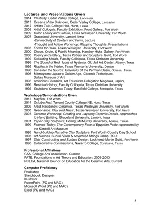 Lectures and Presentations Given
2014 Plasticity, Cedar Valley College, Lancaster
2013 Oceans of the Unknown, Cedar Valley College, Lancaster
2012 Artists Talk, College Hall, Hurst, Texas
2009 Artist Colloquia, Faculty Exhibition, Front Gallery, Fort Worth
2009 Color Theory and Culture, Texas Wesleyan University, Fort Worth
2007 Graceland University, Lamoni Iowa
-Connectivity of Content and Form, Lecture
-Thought and Action Workshop: Mapping Thoughts, Presentations
2005 Forms for Raku, Texas Wesleyan University, Fort Worth
2000 Chaos, Order, & Poetic Meaning, Handley-Hicks Gallery, Fort Worth
2000 Poetry and Pottery, Texas Pottery and Sculpture Guild, Fort Worth
1999 Subsiding Metals, Faculty Colloquia, Texas Christian University
1999 The Sound of Red, Icons of Hysteria, Old Jail Art Center, Albany, Texas
1999 Ripples in the Water, Texas Woman’s University, Denton
1998 Consider the Source: University of the Permian Basin, Odessa, Texas
1996 Momoyama: Japan’s Golden Age, Ceramic Techniques,
Dallas Museum of Art
1996 American Ceramics, Art Educators Delegation Nagoaka, Japan,
1996 Residual History, Faculty Colloquia, Texas Christian University
1995 Sculptural Ceramics Today, Eastfield College, Mesquite, Texas
Workshops/Demonstrations Given
2015 Mayfest, Fort Worth
2014 OctoberFest, Tarrant County College NE, Hurst, Texas
2009 Artist Residency: Ceramics, Texas Wesleyan University, Fort Worth
2008 Resonance: Clay and Music, Texas Wesleyan University, Fort Worth
2007 Ceramic Workshop: Creating and Layering Ceramic Decals, Approaches
to Hand Building, Graceland University, Lamoni, Iowa
2001 Paper Clay Sculpture; Coiling, McMurray University, Abilene, Texas
1999 Faience Today: The Contemporary Face of Egyptian Paste, sponsored by
the Kimbell Art Museum
1998 Hand-building Narrative Clay Sculpture, Fort Worth Country Day School
1998 Art Sounds, Suzuki Violin & Advanced Strings Camp, TCU
1997 Slab Constructing and Surface Design, Lockheed-Martin Guild, Fort Worth
1996 Collaborative Constructions, Navarro College, Corsicana, Texas
Professional Affiliations
CAA, College Arts Association, Current
FATE, Foundations in Art Theory and Education, 2009-2003
NCECA, National Council on Education for the Ceramic Arts, Current
Computer Proficiency
Photoshop
Sketchbook Designer
Illustrator
PowerPoint (PC and MAC)
Microsoft Word (PC and MAC)
Excel (PC and MAC)
5
 