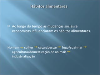 Ao longo do tempo as mudanças sociais e económicas influenciaram os hábitos alimentares. Homem  colher  caçar/pescar  fogo/cozinhar  agricultura/domesticação de animais  industrialização  