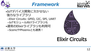 12
Framework
•IoTデバイス開発に⽋かせない
強⼒なライブラリ
­Elixir Circuits: GPIO, I2C, SPI, UART
­IoTモジュール向けライブラリも
•通常のElixirライブラリも利⽤可
­ScenicやPhoenixとも連携︕
 