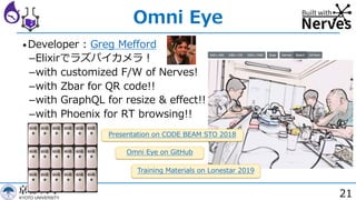 21
Omni Eye
•Developer : Greg Mefford
­Elixirでラズパイカメラ︕
­with customized F/W of Nerves!
­with Zbar for QR code!!
­with GraphQL for resize & effect!!
­with Phoenix for RT browsing!!
Presentation on CODE BEAM STO 2018
Omni Eye on GitHub
Training Materials on Lonestar 2019
 