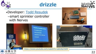 22
drizzle
•Developer: Todd Resudek
­smart sprinkler controller
with Nerves
https://www.youtube.com/watch?v=qklciKp7sD8
 