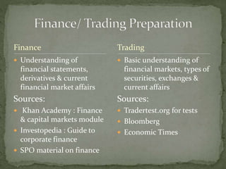Finance
 Understanding of
financial statements,
derivatives & current
financial market affairs
Sources:
 Khan Academy : Finance
& capital markets module
 Investopedia : Guide to
corporate finance
 SPO material on finance
 Basic understanding of
financial markets, types of
securities, exchanges &
current affairs
Sources:
 Tradertest.org for tests
 Bloomberg
 Economic Times
Trading
 