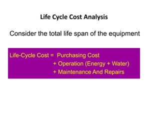 Life Cycle Cost Analysis
Consider the total life span of the equipment
Life-Cycle Cost = Purchasing Cost
+ Operation (Energy + Water)
+ Maintenance And Repairs

 