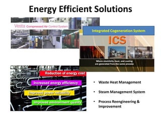 Energy Efficient Solutions
Integrated Cogeneration System

• Waste Heat Management
• Steam Management System
• Process Reengineering &
Improvement

 