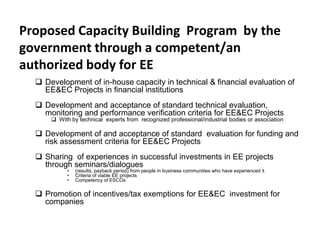 Proposed Capacity Building Program by the
government through a competent/an
authorized body for EE
 Development of in-house capacity in technical & financial evaluation of
EE&EC Projects in financial institutions

 Development and acceptance of standard technical evaluation,
monitoring and performance verification criteria for EE&EC Projects
 With by technical experts from recognized professional/industrial bodies or association

 Development of and acceptance of standard evaluation for funding and
risk assessment criteria for EE&EC Projects
 Sharing of experiences in successful investments in EE projects
through seminars/dialogues
•
•
•

(results, payback period) from people in business communities who have experienced it
Criteria of viable EE projects
Competency of ESCOs

 Promotion of incentives/tax exemptions for EE&EC investment for
companies

 