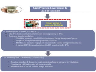SAVE Program: Government To
Lead By Example
Energy savings in
government buildings
1st workshop with 20 IPTAs(31st May 2011)
 Objective: to discuss implementation plan on energy saving in IPTAs
 Consensus from the workshop:
 Should be mandatory to all IPTAs to implement Energy Management System;
 Adopt EPC to implement energy efficiency in IPTAs;
 MOF to issue a circular on payment mechanism for shared-saving mechanism; and
 A standard EPC document developed by JKR for reference by IPTAs
2nd workshop with 25 Ministries (22nd June 2011)
• Objective: introduce & discuss the implementation of energy saving in Gov’t buildings
• Target saving = 10% electricity bill saving annually
• Implementation of EPC or internal budget allocation
 