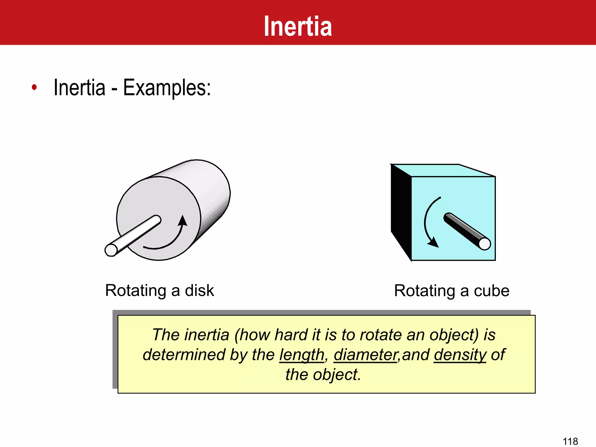 118
Rotating a disk Rotating a cube
The inertia (how hard it is to rotate an object) is
determined by the length, diameter,and density of
the object.
Inertia
• Inertia - Examples:
 