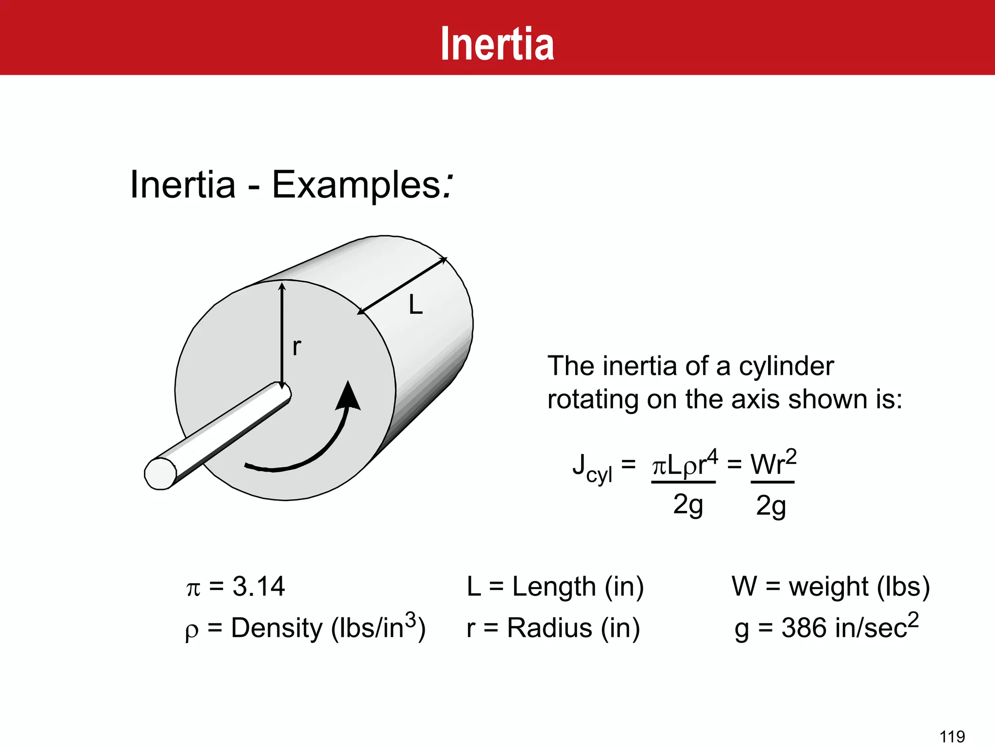 119
Inertia - Examples:
The inertia of a cylinder
rotating on the axis shown is:
Jcyl = pLrr4 = Wr2
2g 2g
p = 3.14
r = Density (lbs/in3)
W = weight (lbs)
g = 386 in/sec2
L = Length (in)
L
r = Radius (in)
r
Inertia
 