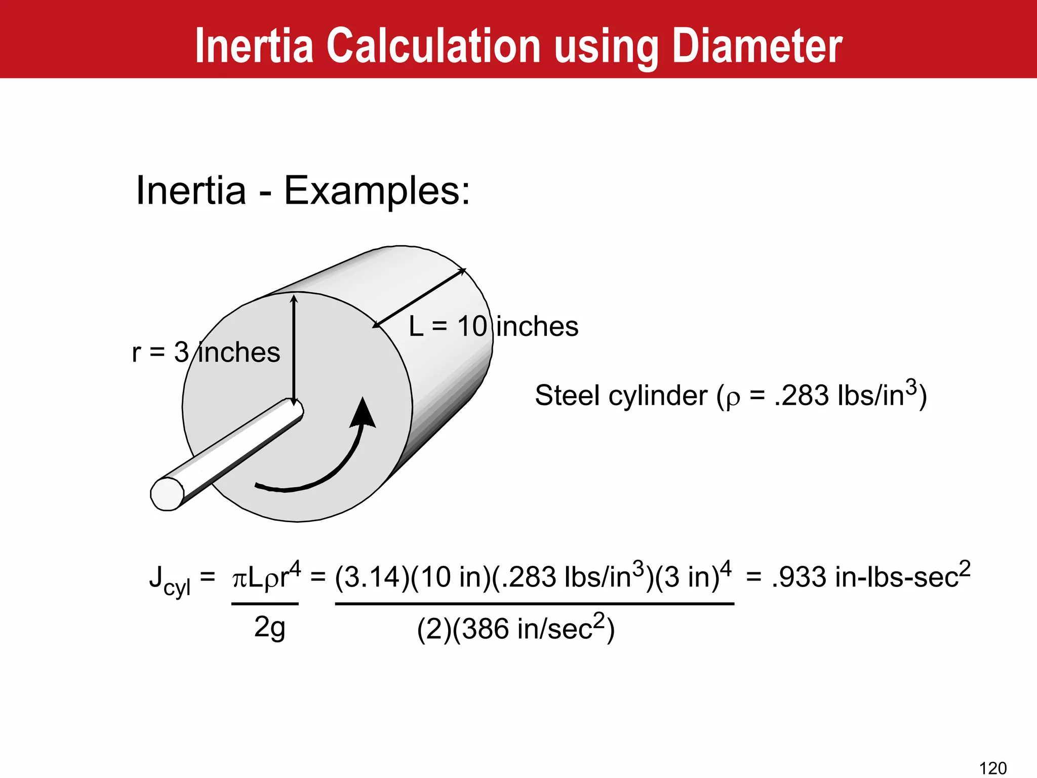 120
Inertia - Examples:
Jcyl = pLrr4 = (3.14)(10 in)(.283 lbs/in3)(3 in)4 =
2g (2)(386 in/sec2)
L = 10 inches
r = 3 inches
.933 in-lbs-sec2
Steel cylinder (r = .283 lbs/in3)
Inertia Calculation using Diameter
 