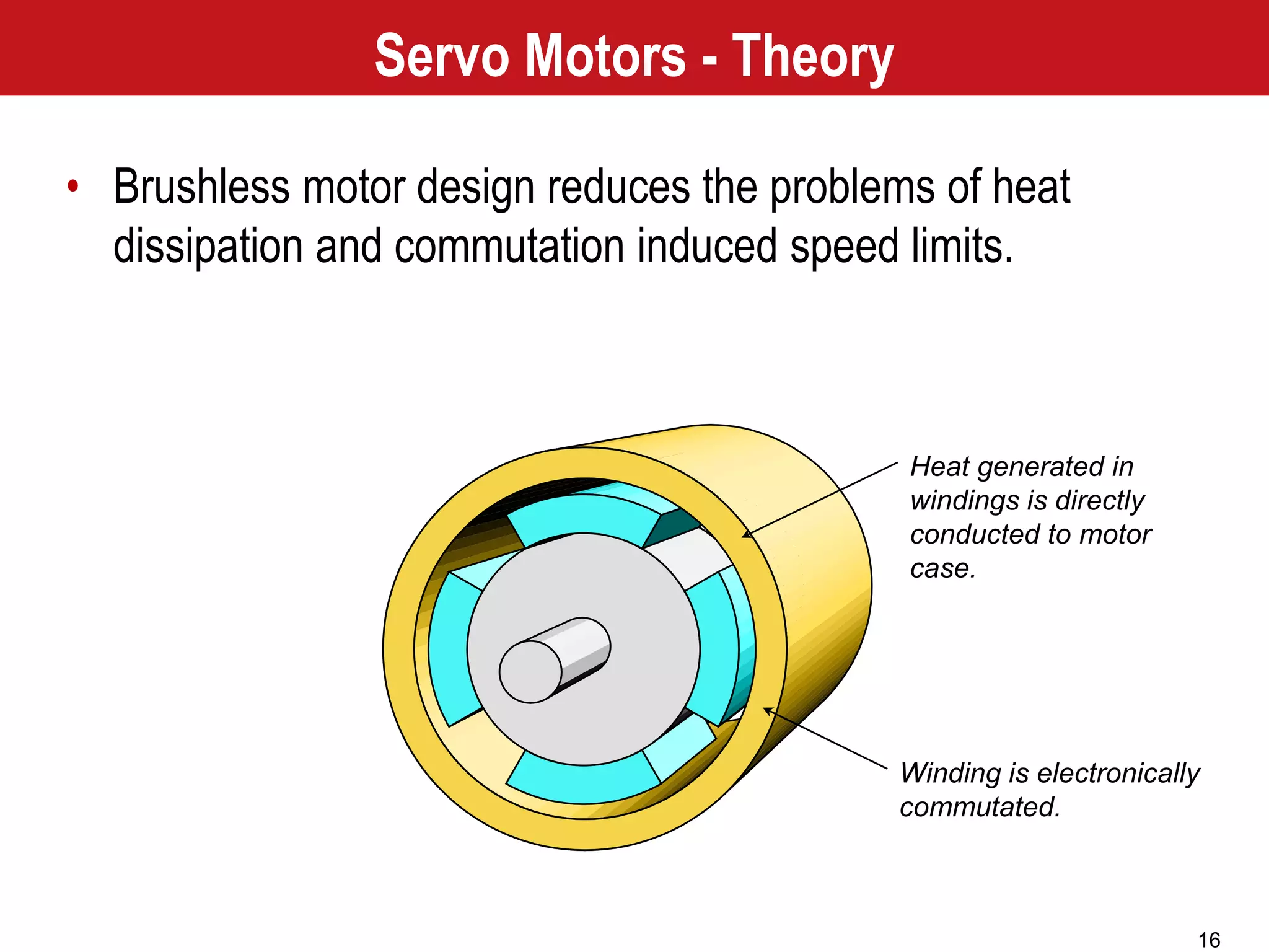 16
Heat generated in
windings is directly
conducted to motor
case.
Winding is electronically
commutated.
Servo Motors - Theory
• Brushless motor design reduces the problems of heat
dissipation and commutation induced speed limits.
 