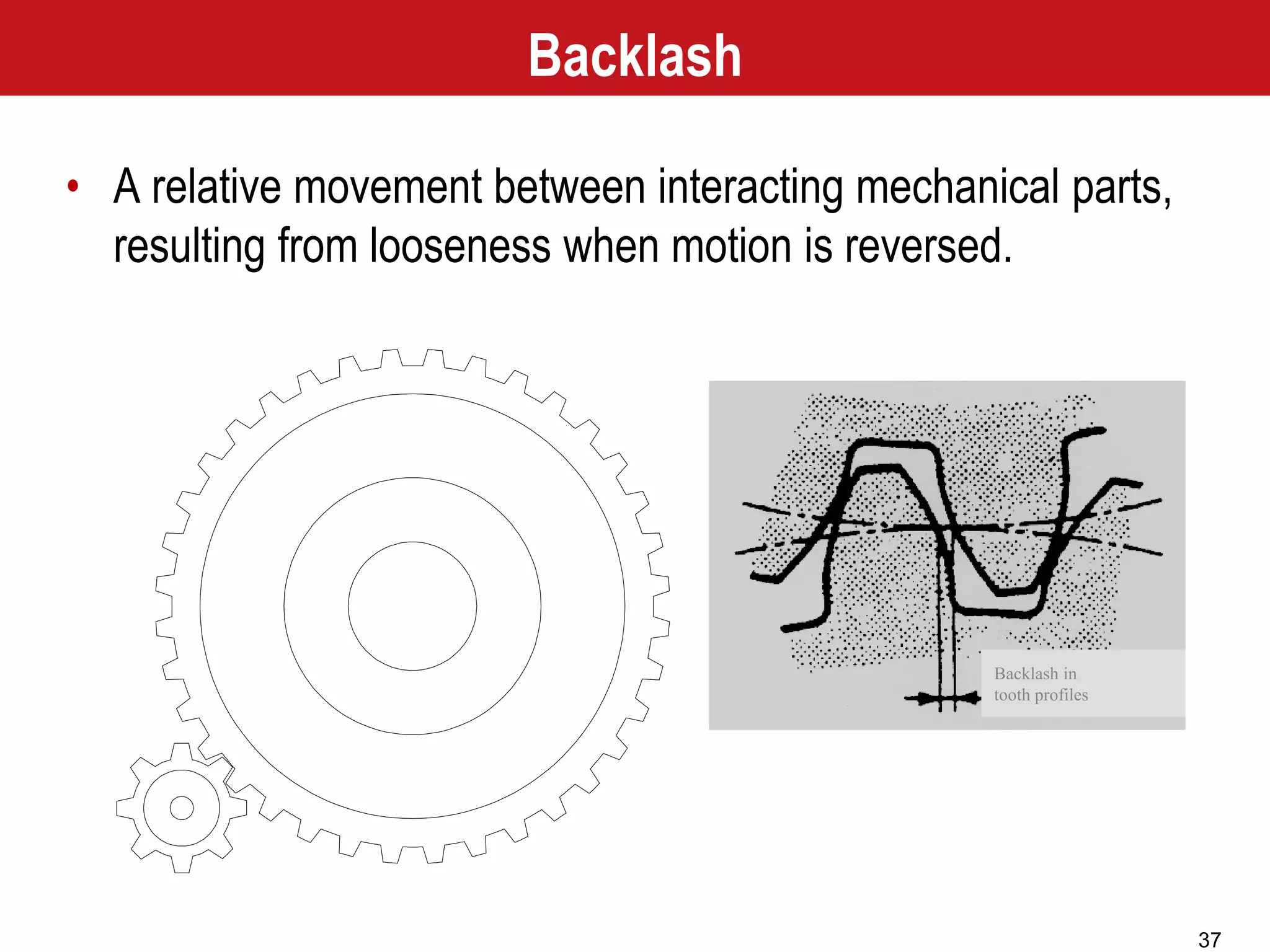 37
Backlash
• A relative movement between interacting mechanical parts,
resulting from looseness when motion is reversed.
Backlash in
tooth profiles
 