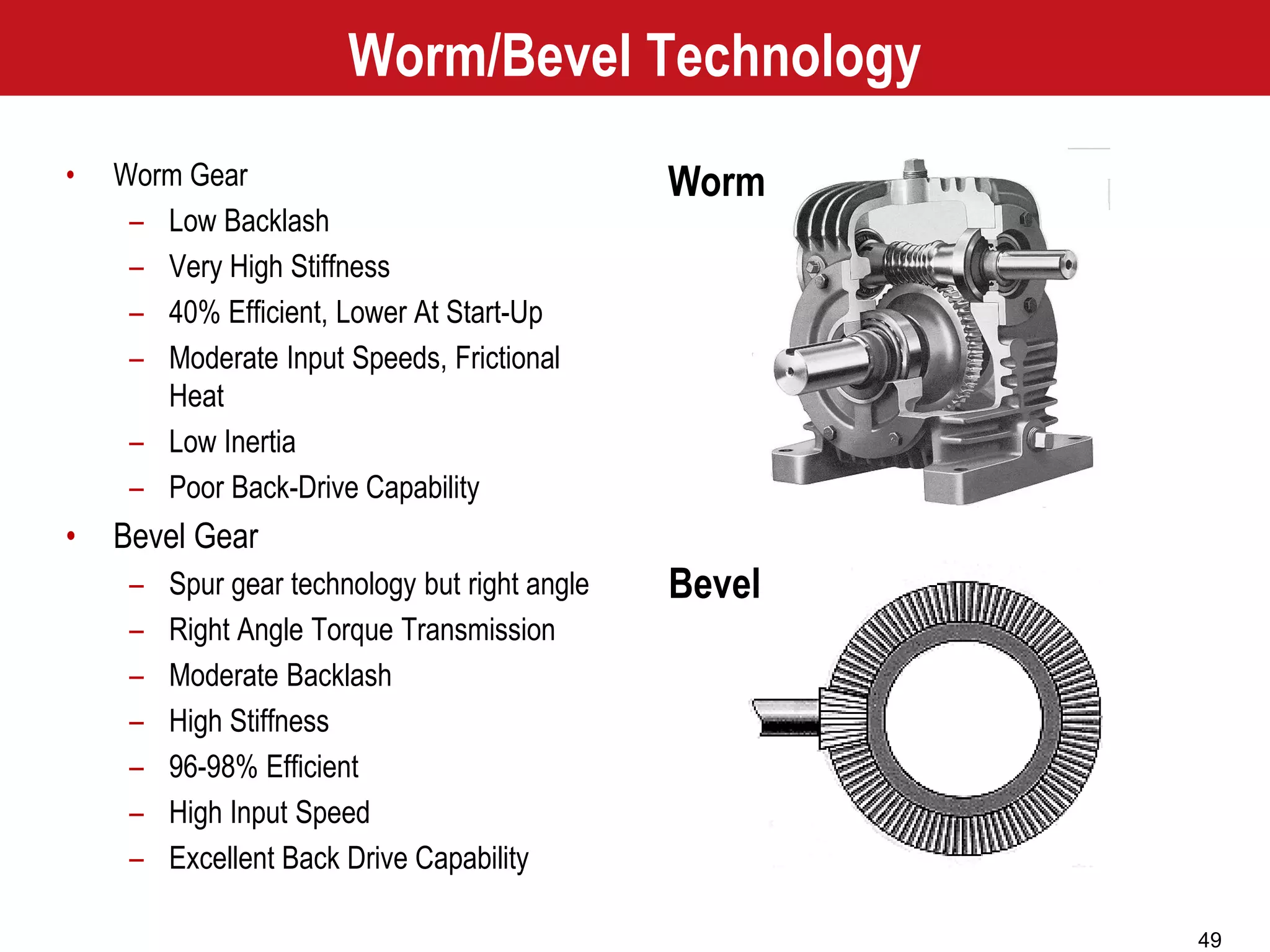 49
Worm/Bevel Technology
• Worm Gear
– Low Backlash
– Very High Stiffness
– 40% Efficient, Lower At Start-Up
– Moderate Input Speeds, Frictional
Heat
– Low Inertia
– Poor Back-Drive Capability
• Bevel Gear
– Spur gear technology but right angle
– Right Angle Torque Transmission
– Moderate Backlash
– High Stiffness
– 96-98% Efficient
– High Input Speed
– Excellent Back Drive Capability
Worm
Bevel
 