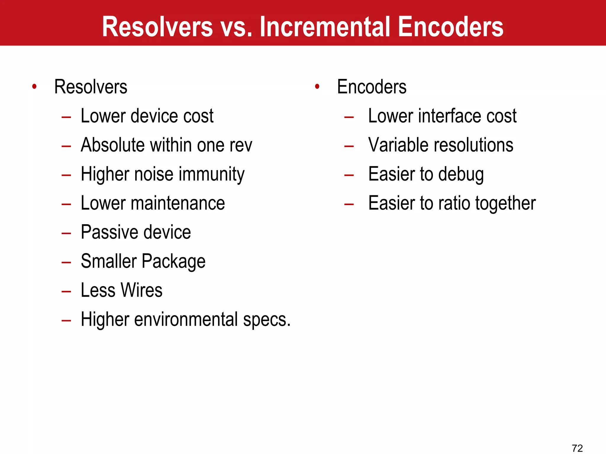 72
Resolvers vs. Incremental Encoders
• Resolvers
– Lower device cost
– Absolute within one rev
– Higher noise immunity
– Lower maintenance
– Passive device
– Smaller Package
– Less Wires
– Higher environmental specs.
• Encoders
– Lower interface cost
– Variable resolutions
– Easier to debug
– Easier to ratio together
 