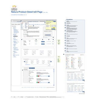 © 2014 Jef Davis, All Rights Reserved.
Material is Jef Davis/ Client Confidential. All Copy is For Placement Only.
Author
Jef Davis
Filename
davis_portfolio_13.12.16.vsd
Page Number
47 of 66
Client
Natura
Project
Site Design
Page
Product Description Page IxD
Natura Product Detail IxD Page (1024 x 768)
SITE IDENTIFICATION NUMBER: 2.0.0.1.2
HOME OUR COMPANY OUR COMMUNITY OUR CONSULTANTS
Logo
Annotations
1
2
3
4
5
6
77
8
9
10
Skincare Make-up Mom & Baby Kids Fragrance Men Hair Specials Gifts Tips & Tools Shop By Collection
Language | Store Locator | Browse Catalog | Request Catalog | Contact Us | Help | Terms and Conditions | Privacy Policy | Copyright 2009 Natura Brasila All Rights Reserved
OVERVIEW
Exactly the same as the previous page only the interaction cues are
activated in the view.
Drop down menu
With all product options
Star Rating
Star ratings are a familiar and quickly identifiable ways to show
cumulatively what the customers who have previously
purchased this product and then rated it thought of it.
Shopping cart
A drag-n-drop quick feature that enable the clients to quickly
and easily add items to their shopping cart. Can be drag-
activated or click-activated. The default loading area is at the
top of the list so that all items are loaded chronologically.
Auto-Scrolling Product Shot
A compact way to show multiple images in an attractive
manner. The scroll buttons are hot so the customer always has
control. The images themselves are not clickable.
Share
One level deeper: more specific product options. See also (4a)
Product Details
Size and price info.
Quantity
This can be done via direct-manipulation (entering in a new
amount) or via the rocker tabs to the right.
Add To Cart
A one-click button to add the product, or a refill to the
customer’s cart.
Add To Favorites
Automatically is added to your favorites list
Remove
Click to remove. A warning hover appears to allow the
customer the option of not removing. If no action is taken, it
fades and the product is removed.
See All
On-click: container accordions open to reveal all associated
content.
Sorting
A way to resort the results of the reviews: “top-ranked reviewer”
is the default.
Browse Pyramid
A more interesting and compelling browse experience (as
opposed to sliders which offer very little motivation to actually
move away from the max setting). All axes are variable and
customizable via drop down menu options. Once a variable has
been selected, it cannot be selected from the other 2 axes.
Currently axes are not weighted but could be in future releases.
“Recommended,” “price” and “popular” are the defaults. After
they are changed they do not revert back to the default settings
automatically.
PRODUCT SHOTS
BODY MILK MIST
Bestsellers
Cleansers
soft bath bar
exfoliating bath bar
2 phase bath bar
foaming shower gel
exfoliating shower gel
creamy shower wash
aqua de banho
Moisturizers
body lotion
body cream
body milk mist
body oil elixir
see all
Body oils
body oil elixir
3 phase shower oil
Exfoliators
exfoliating shower gel
exfoliating oil
exfoliating butter
Fragrances
essencia
frescor
perfume
Hand & foot care
hand wash
creamy hand balm
exfoliating foot cream
creamy foot softener
Massage
massage oil
massage cream
View All
SHOP BY COLLECTION
Ekos
Toda Dia
Erva Doce
Bath & Body BODY MILK MIST
Lorem ipsum onsectetuer adipiscing elit, sed diam nonummy nibh
euismod tincidunt ut laoreet dolore magna aliquam erat volutpat.
Ut wisi enim ad minim veniam, quis nostrud exerci tation
ullamcorper suscipit lobortis nisl ut aliquip ex ea commodo
consequat.
Beauty Ritual
Duis autem vel eum iriure dolor in hendrerit in vulputate velit esse
molestie consequat, vel illum dolore eu feugiat nulla facilisis at
vero eros et accumsan et iusto odio dignissim qui blandit praesent
luptatum.
Key Ingredients
Castanha
Lorem ipsum onsectetuer adipiscing elit, sed diam nonummy nibh
euismod tincidunt ut laoreet dolore magna aliquam erat volutpat.
Ut wisi enim ad minim. LEARN MORE
Rating (57 Total) Reviews Write A Review Q & A
Image
Imagebody milk mist
Share
Product Price Quantity
.5 oz/ 14g
Item # 78910
€14 ADD TO YOUR FAVOURITES
ü
Refill
.5 oz/ 14g
Item # 78910
€6 ü ADD TO YOUR FAVOURITES X
TM
Email
RSS
breezy
bright
complete
cleansed
clear
delicate
earthy
elegant
eureka
flawless
fresh
heavenly
graceful
hygienic
immaculate
lovely
natural
pure
radiant
refreshing
sparkling
springtime
vital
wholeness
youthful
TAG words are a fun way to describe your feelings about Natura Products
(and helps us suggest things you may also like).
OR ADD YOUR OWN TAGS
X
NO
THIS CANNOT
BE UNDONE
REMOVE?
NO
THIS CANNOT
BE UNDONE
REMOVE?
Icon
Icon
Icon
Icon
Icon
Icon
Icon
Icon
Icon
Icon
Icon
Icon
Icon
Icon
Icon
Icon
Icon
Icon
Icon
Icon
Icon
Icon
Icon
Icon
Icon
YOU CHOSE: NATURAL, PURE
astute
aware
charitable
concerned
considerate
deliberate
diplomatic
friendly
gracious
helpful
indulgent
insightful
kind
observant
polite
prudent
reasonable
responsive
sensitive
sociable
solicitous
Tactful
thoughtful
wary
witty
TAG words are a fun way to describe your feelings about Natura Product Reviews
(and helps us suggest things you may also like).
OR ADD YOUR OWN TAGS
Icon
Icon
Icon
Icon
Icon
Icon
Icon
Icon
Icon
Icon
Icon
Icon
Icon
Icon
Icon
Icon
Icon
Icon
Icon
Icon
Icon
Icon
Icon
Icon
Icon
YOU CHOSE: REASONABLE, RESPONSIVE
https://account.snap.com
https://addthis.com
EKOS
TODAS DIAS
ERVO DOCE
ANDIROBA
BEAU
BRANCO
BURITI
CASTANHA
CUPUAÇA
MARACUJA
MATE VERDE
PITANGA
PRIPRIOCA
Home > Our Products > Bath & Body > Moisturizer > Body Milk Mist
2 2
3
4
5 6 7 8 9
4a
11
What are you looking for?Welcome back, Angelina
My Account | View Cart | Checkout
SHOPPING CART
COSMETICS (4)
PRODUCTS
Customer Service.
X
Qty
2
€144.95Sub-Total
Unit
€31.99
€29.99
€15.99
€34.99
Total
€63.98
€29.99
€15.99
€34.99
1
1
1
X
X
X
Soft Bath Bar
Foaming Shower Gel
Aqua De Banho
Body Milk Mist
Bath & Body
Image
OUR PRODUCTSOUR PRODUCTS
BY CATEGORY
BATH & BODY
SKINCARE
MAKEUP
FRAGRANCE
KIDS
HAIR
CRER PARA VER
SPECIALS
GIFTS
TIPS & TOOLS
BY COLLECTION
AMOR AMERICA
CHRONOS
CRER PAR VER
DIVERSA
EKOS
ERVA DOCE
MAMAE E BEBE
NATURE
TODO DIA
Audry: Paris, France
“Loves Natura Ingredients”
Skin tone:
Light
Age:
25-34
LOVE THIS PRODUCT
Moisturizing & long-lasting scent. Love this and it works better than other
products I’ve tried but a little too expensive to buy all the time. Lorem ipsum
onsectetuer adipiscing elit, sed diam nonummy nibh euismod tincidunt ut laoreet
dolore magna aliquam erat volutpatt. more
Was this review helpful?
YES NO
July 14, 2009
TAG RANK ADD FLAG
Comment?
Pascual: Nice, France
“Un-registered Customer”
Skin tone:
Mediterranean
Age:
35-44
GUYS, THIS IS AWESOME!
Moisturizing & long-lasting scent. Love this and it works better than other
products I’ve tried but a little too expensive to buy all the time. Lorem ipsum
onsectetuer adipiscing elit, sed diam nonummy nibh euismod tincidunt ut laoreet
dolore magna aliquam erat volutpatt. more
Was this review helpful?
YES NO
July 11, 2009
TAG RANK ADD FLAG
Comment?
TOP RANKED REVIEWER | MOST ACTIVE | MOST LIKE YOU | MOST RECENT | YOUR FRIENDS | YOUR FAVOURITES
159 REVIEWS
12
You may also like… (based on your current decisions -you can change these)
Product
Image
Product
Image
.5 oz/ 14g
Item # 78910
Product
Image
Product
Image
.5 oz/ 14g .5 oz/ 14g .5 oz/ 14g .5 oz/ 14g
You may also like… (based on your current decisions -you can change these)
Product
Image
.5 oz/ 14g
Product
Image
.5 oz/ 14g
Product
Image
.5 oz/ 14g
SEE ALL (12)
.5 oz/ 14g
Product
Image
Product
Image
.5 oz/ 14g
1
3
12
GO
CHECK OUT
21 43 5
ADD TO CART
ADD TO CART
1
3
SEE ALL (12)
GO
GO
Q&AREAD REVIEW (159) WRITE REVIEW
ADD
ADD
 