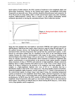 9
Professor Yasser Metwally
www.yassermetwally.com


 head regions of adult subjects, the EEG consists of moderate to low-amplitude alpha and
 theta-range frequencies. whereas in the frontal head regions. lowamplitude beta-range
 frequencies are generally seen. These activities should be bisynchronous and symmetric. In
 10 to 20 percent of young adults, either or both central head regions may show rhythmic,
 arciform alpha-frequency activity that is reactive to the patient performing mental
 arithmetic operations or moving the contralateral hand. This is called mu rhythm.




                                                   Figure 4. Background alpha rhythm and
                                                   age relation.




 Sleep has been divided into non-rapid-eye movement (NREM) and rapid-eye-movement
 (REM) phases. NREM has four stages: stage I (drowsy), stage II, stage III and stage IV. As
 the patient becomes drowsy, the background alpha rhythm becomes arrhythmic, with
 intermixed theta and beta frequencies that spread into the central head regions. A slow
 lateral eye movement artifact may be visualized on the EEG in the anterolateral head
 regions, because the retina is electronegative with respect to the cornea, resulting in an
 electrical dipole whose field changes with eye movement. Two additional features of stage I
 sleep are sharply contoured, surfacepositive theta transients of moderate amplitude that
 appear synchronously or asynchronously in the posterior head regions (positive occipital
 sharp transients of sleep or POSTS) and moderate to high-amplitude, sharply contoured,
 biphasic theta or alpha transients that phase-reverse at the vertex (vertex sharp waves).
 Stage II of sleep is defined by the presence of K complexes and sleep spindles. The K
 complex is a high-amplitude. biphasic slow wave of 0.5 to I s duration that has a
 distribution similar to that of the vertex sharp wave. The sleep spindle consists of rhythmic.
 moderate-amplitude alpha frequency activity lasting 0.5 to 1 s which is bisynchronous in
 the central head regions. In deeper stage I and stage II sleep, the remaining background
 consists of moderate to low-amplitude mixed theta, alpha, and beta frequencies. In stages
 III and IV of sleep, there is increasing delta activity having high amplitude and anterior
 predominance. In REM sleep, the EEG consists of diffusely distributed, moderate to low-
 amplitude mixed frequencies with rapid eye movement artifacts seen in the anterolateral
 head regions. The features of NREM sleep are absent during REM sleep (i.e., vertex sharp
 waves, sleep spindles, and K complexes).




                                  www.yassermetwally.com
 