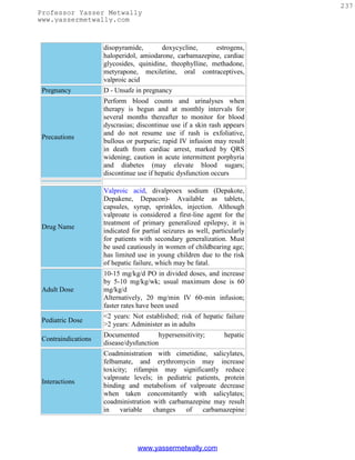 237
Professor Yasser Metwally
www.yassermetwally.com



                     disopyramide,       doxycycline,      estrogens,
                     haloperidol, amiodarone, carbamazepine, cardiac
                     glycosides, quinidine, theophylline, methadone,
                     metyrapone, mexiletine, oral contraceptives,
                     valproic acid
 Pregnancy           D - Unsafe in pregnancy
                     Perform blood counts and urinalyses when
                     therapy is begun and at monthly intervals for
                     several months thereafter to monitor for blood
                     dyscrasias; discontinue use if a skin rash appears
                     and do not resume use if rash is exfoliative,
 Precautions
                     bullous or purpuric; rapid IV infusion may result
                     in death from cardiac arrest, marked by QRS
                     widening; caution in acute intermittent porphyria
                     and diabetes (may elevate blood sugars;
                     discontinue use if hepatic dysfunction occurs

                     Valproic acid, divalproex sodium (Depakote,
                     Depakene, Depacon)- Available as tablets,
                     capsules, syrup, sprinkles, injection. Although
                     valproate is considered a first-line agent for the
                     treatment of primary generalized epilepsy, it is
 Drug Name
                     indicated for partial seizures as well, particularly
                     for patients with secondary generalization. Must
                     be used cautiously in women of childbearing age;
                     has limited use in young children due to the risk
                     of hepatic failure, which may be fatal.
                     10-15 mg/kg/d PO in divided doses, and increase
                     by 5-10 mg/kg/wk; usual maximum dose is 60
 Adult Dose          mg/kg/d
                     Alternatively, 20 mg/min IV 60-min infusion;
                     faster rates have been used
                     <2 years: Not established; risk of hepatic failure
 Pediatric Dose
                     >2 years: Administer as in adults
                     Documented          hypersensitivity;       hepatic
 Contraindications
                     disease/dysfunction
                     Coadministration with cimetidine, salicylates,
                     felbamate, and erythromycin may increase
                     toxicity; rifampin may significantly reduce
                     valproate levels; in pediatric patients, protein
 Interactions
                     binding and metabolism of valproate decrease
                     when taken concomitantly with salicylates;
                     coadministration with carbamazepine may result
                     in    variable   changes    of   carbamazepine




                                 www.yassermetwally.com
 